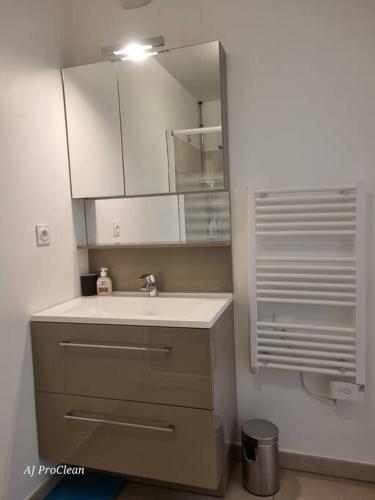 une salle de bain avec un lavabo et un miroir dans l'établissement La Petite Cigale, grand balcon à 10min du Circuit Paul Richard et 15min de la mer - By AURAconciergerie, au Beausset