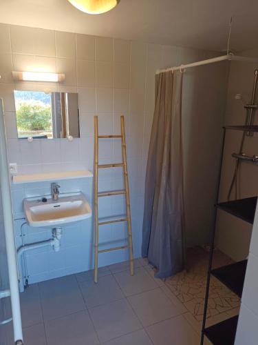 La salle de bains est pourvue d'un lavabo et d'une échelle de serviettes. dans l'établissement Les Jonquilles: gîte 8/10 pers. avec vue imprenable!, à Gérardmer