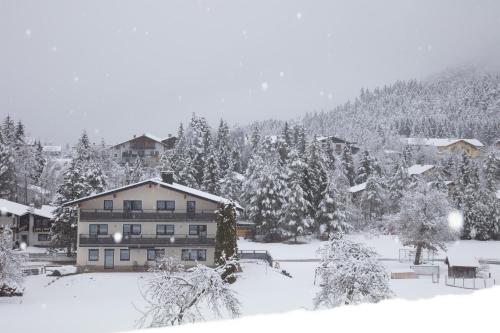 a house in the snow in front of a mountain at Natura Aparts in Stanzach