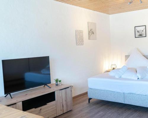 a bedroom with a bed and a flat screen tv at Jopachalets Pfronten in Pfronten