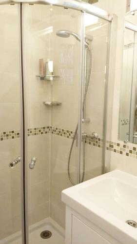 une salle de bain avec une douche avec une porte vitrée dans l'établissement IMPECCABLE & TYPICAL STUDIO in THE MARAIS, à Paris