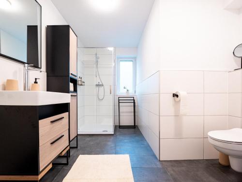 a bathroom with a toilet sink and a shower at Design-Ferienwohnung Ahrweiler WiFi Parken Zentral NEU in Bad Neuenahr-Ahrweiler