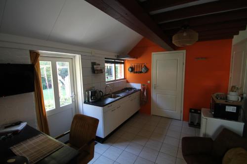 a kitchen with a sink and an orange wall at Karin's kruidenhoeve appartement Goudsbloem in Lutten