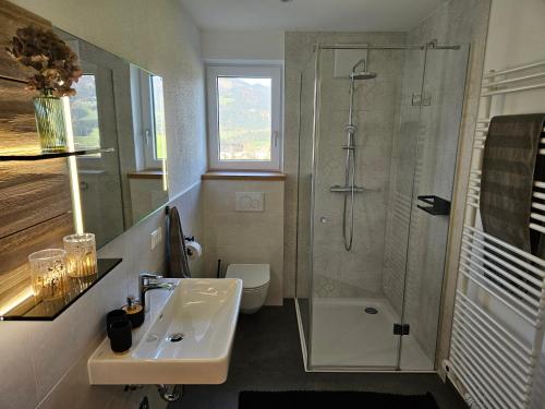 a bathroom with a shower and a sink and a toilet at Appartment Haus Einbergblick in Abtenau