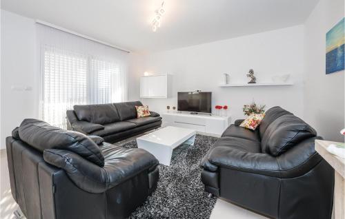 a living room with two leather couches and a tv at Three-Bedroom Holiday Home In Razanj in Ražanj