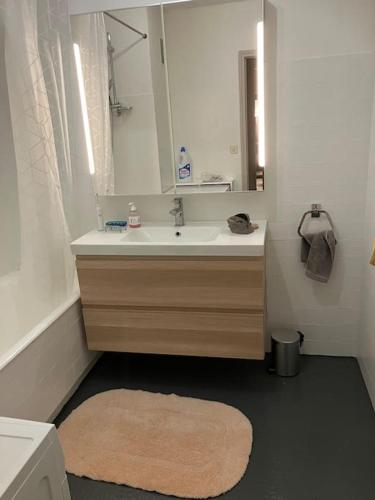 La salle de bains est pourvue d'un lavabo, d'un miroir et d'un tapis. dans l'établissement Appartement 200m de la plage, à Tourgéville