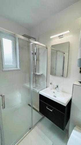 a bathroom with a shower and a sink and a mirror at HENRY APARTMENT - Nesvady - Slovakia in Nesvady