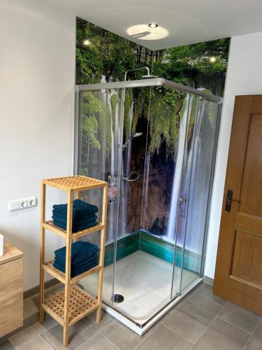 ネッテタールにあるFerienwohnung Juppのシャワー(ガラス張りのシャワー、青いタオル付)
