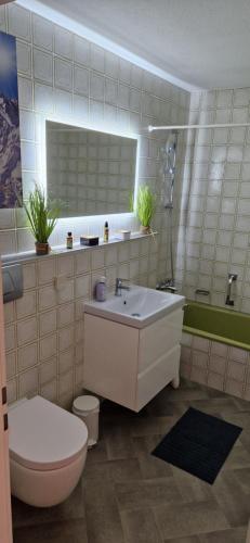 une salle de bain avec un lavabo, des toilettes et un miroir dans l'établissement Ferienwohnung deine Auszeit im Allgäu, à Missen-Wilhams