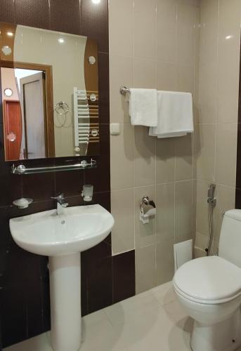 a bathroom with a sink and a toilet and a mirror at Areg Hotel in Yerevan