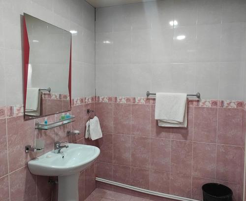 a bathroom with a sink and a mirror at Areg Hotel in Yerevan
