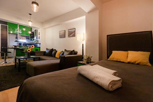une chambre avec un lit et un salon dans l'établissement Petar Apartment-City Center, Ohrid, à Ohrid