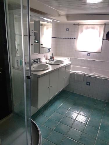 une salle de bain avec deux lavabos et une douche dans l'établissement Péniche sur la Seine, à Conflans-Sainte-Honorine