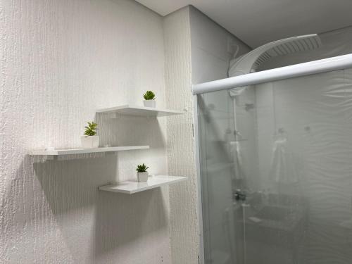 a bathroom with white shelves and a shower with potted plants at Flat Por do Sol in São Lourenço