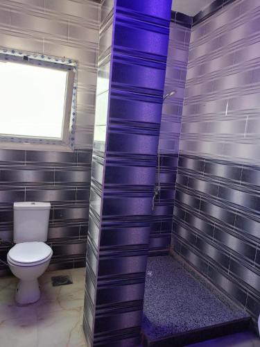 a bathroom with a toilet and purple tiled walls at شاليهات الهنا 3 للايجار مصيف قرية النورس الاسماعيلية in Ismailia