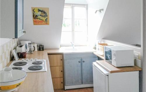 une cuisine avec une cuisinière blanche et un micro-ondes dans l'établissement 2 Bedroom Nice Apartment In Houdetot, à Sainte-Colombe