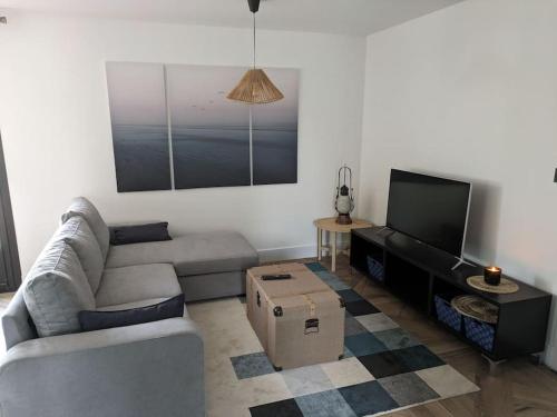 a living room with a couch and a television at Rez de jardin proche mer in Arradon