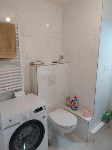 une salle de bain avec machine à laver et toilettes dans l'établissement Le CosY Appart 43M2 Clim Vue Mer Golfe de Saint Tropez, à Cavalaire-sur-Mer