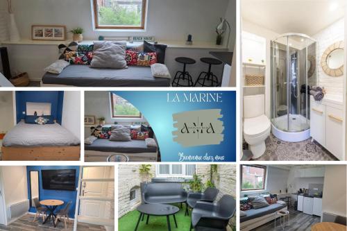 a collage of photos of a bedroom and a living room at La Marine - Centre ville - Wifi in Lens