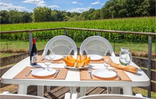 a table with a plate of food and a bottle of wine at 2 Bedroom Pet Friendly Apartment In Cassen in Cassen