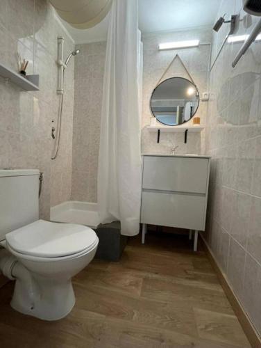 une salle de bain avec toilettes, lavabo et miroir dans l'établissement Appartement vue mer, plage à 20m, à Gruissan