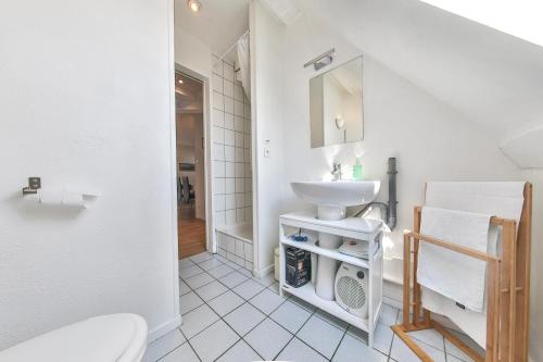 une salle de bain blanche avec un lavabo et des toilettes dans l'établissement Le Colombage d'Issenheim, à Issenheim