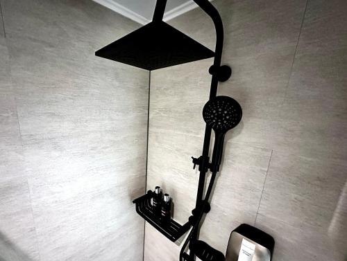 a black lamp on the floor in a room at Luxe Vakantiehuis met privé Wellness in Zuidwolde