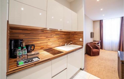 une cuisine avec des placards blancs et un comptoir dans l'établissement Cozy Apartment In Saint-Affrique, à Saint-Affrique