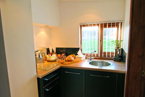a kitchen with a sink and a window at Sound of the River in Talgarth