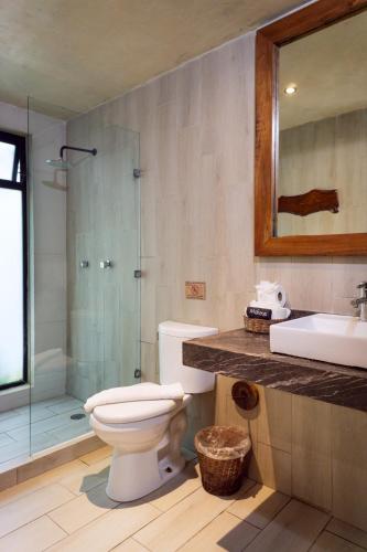 a bathroom with a toilet and a sink and a shower at Sunset House in Tulum