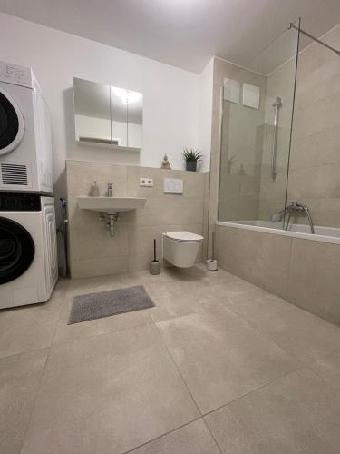 ミュンヘンにあるLuxury City Apartment in Munichのトイレ、洗面台、シャワー付きのバスルーム