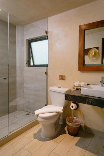 a bathroom with a toilet and a shower and a sink at Sunset House in Tulum