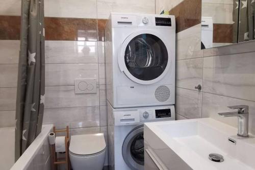 a washing machine in a bathroom next to a sink at In DE preiswert wohnen und in der CH gut verdienen in Klettgau