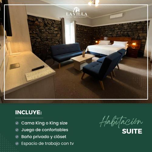 a hotel room with a bed and two chairs at Hotel La Villa Mollendo in Mollendo
