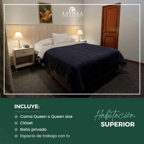 a hotel room with a bed with a blue blanket at Hotel La Villa Mollendo in Mollendo