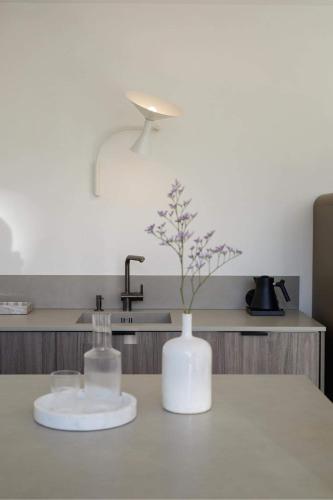 a white vase with flowers in it on a kitchen counter at Górski Domek Zakopane in Kościelisko