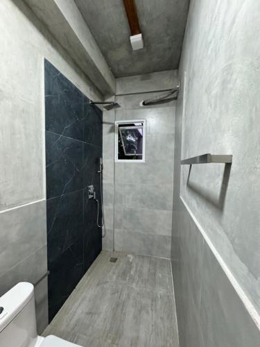 a bathroom with a shower and a toilet in it at Dhaankolhu Rasdhoo in Rasdu