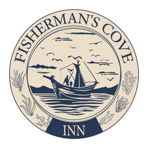 a stamp with a boat in the ocean and the words fishermen colony inn at Fisherman's Cove Inn in Monterey