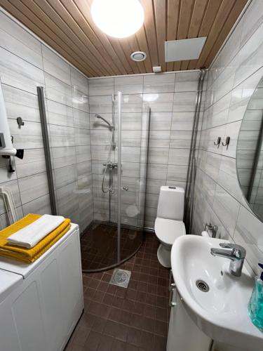 a bathroom with a shower and a toilet and a sink at Kodikasta majoittumista hyvällä sijainnilla! in Kankaanpää