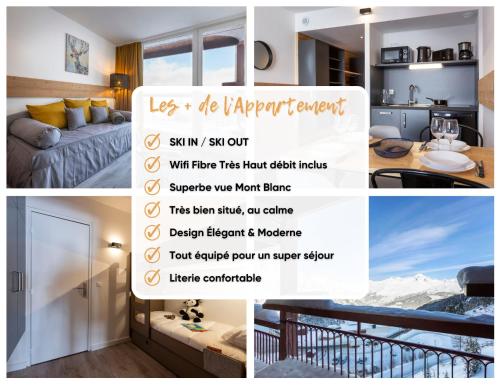 un collage de photos d'une chambre avec un panneau dans l'établissement Appartement Arc 2000 Rénové 5 personnes Paradiski, à Arc 2000