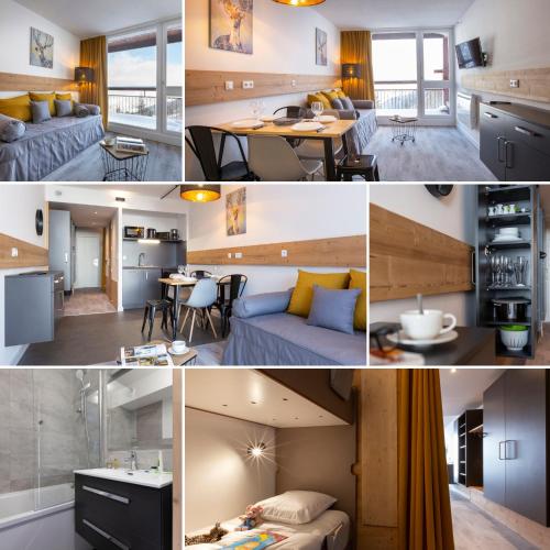 un collage de photos d'une cuisine et d'un salon dans l'établissement Appartement Arc 2000 Rénové 5 personnes Paradiski, à Arc 2000