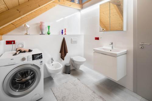 bagno bianco con lavatrice e lavandino di Domek u ráje a Bystřice