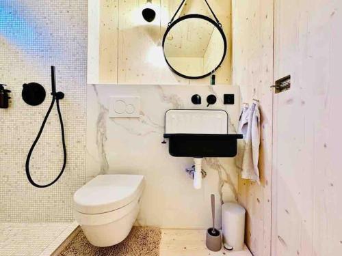 a bathroom with a toilet and a sink and a mirror at Tinyhouse mit Pelletofen in Wertheim
