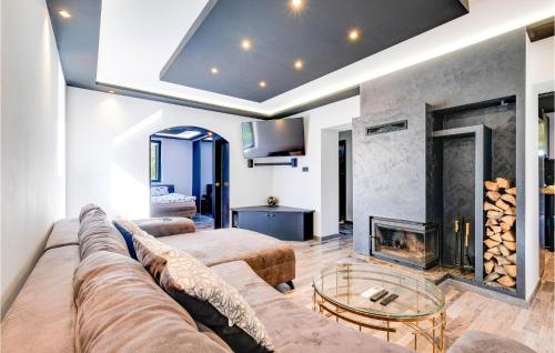 a living room with a couch and a fireplace at Cozy Home In Gornji Cerovljani in Gornji Cerovljani