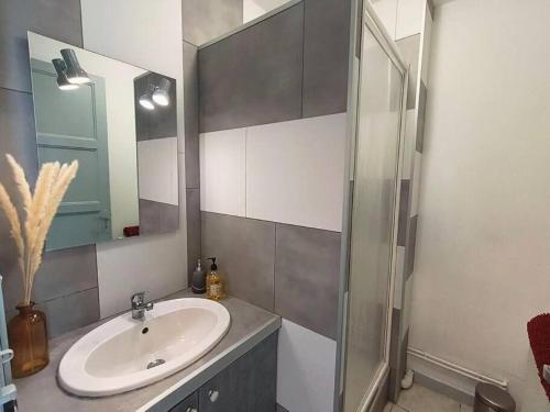 une salle de bain avec un lavabo et une douche en verre dans l'établissement Suite Houmeau 2-Ecran Cinéma, à Angoulême