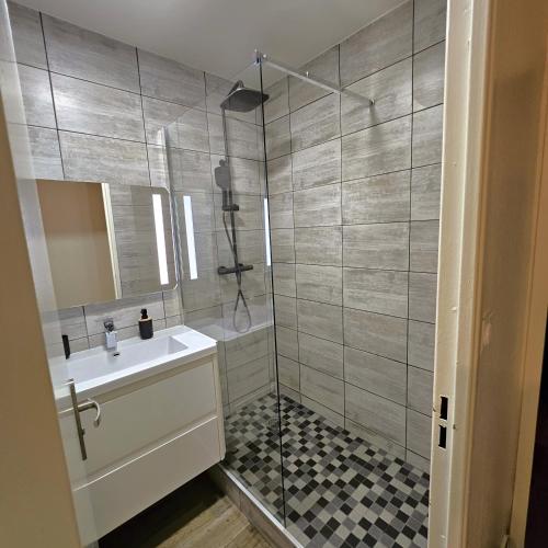 a bathroom with a shower and a sink and a mirror at Studio cosy confort moderne in Vaulx-en-Velin