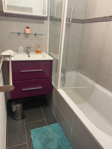 a bathroom with a purple vanity and a tub and a sink at Petit studio aux portes du beaujolais in Saint-Germain-Nuelles
