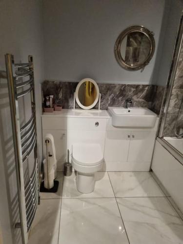 a bathroom with a toilet and a sink and a mirror at Waterfront Apartment in Cardiff