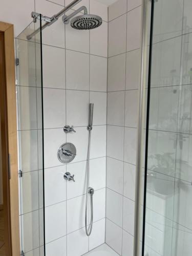 a shower with a glass door at Lichtdurchflutetes Appartement im zentralen Ruhrgebiet in Bottrop