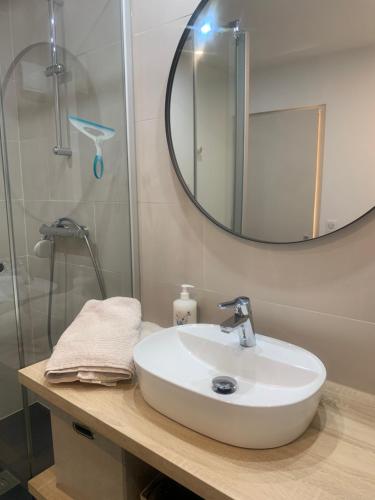 a bathroom sink with a mirror and a shower at Grand Studio cosy in Sallanches